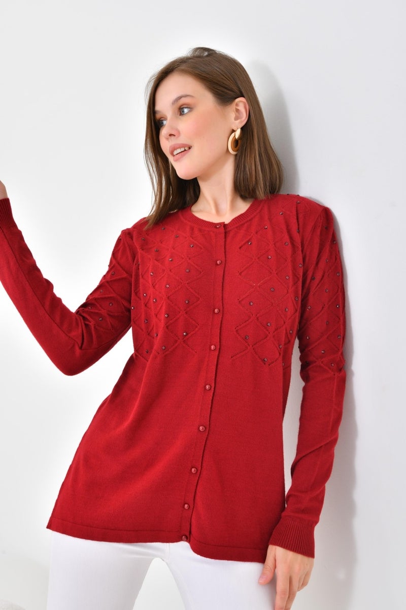 Pearl Detailed Cardigan Claret Red