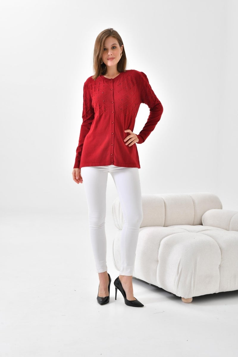 Pearl Detailed Cardigan Claret Red