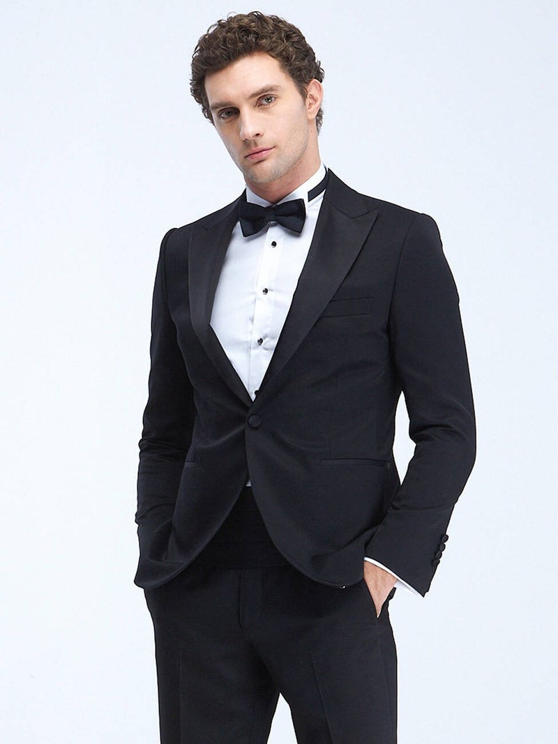 Black Plain Slim Fit Double Breasted Lapel Woven Tuxedo Suit