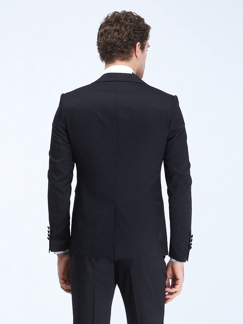 Black Plain Slim Fit Double Breasted Lapel Woven Tuxedo Suit