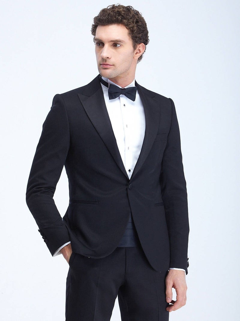 Black Plain Slim Fit Double Breasted Lapel Woven Tuxedo Suit