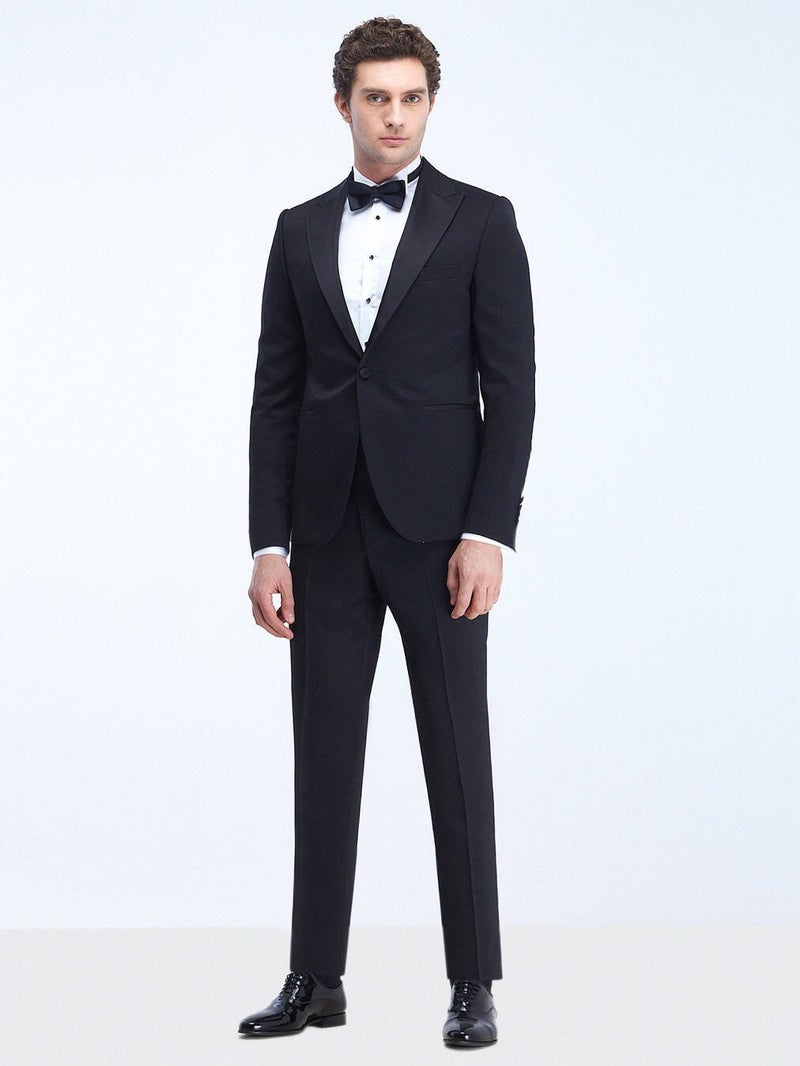 Black Plain Slim Fit Double Breasted Lapel Woven Tuxedo Suit