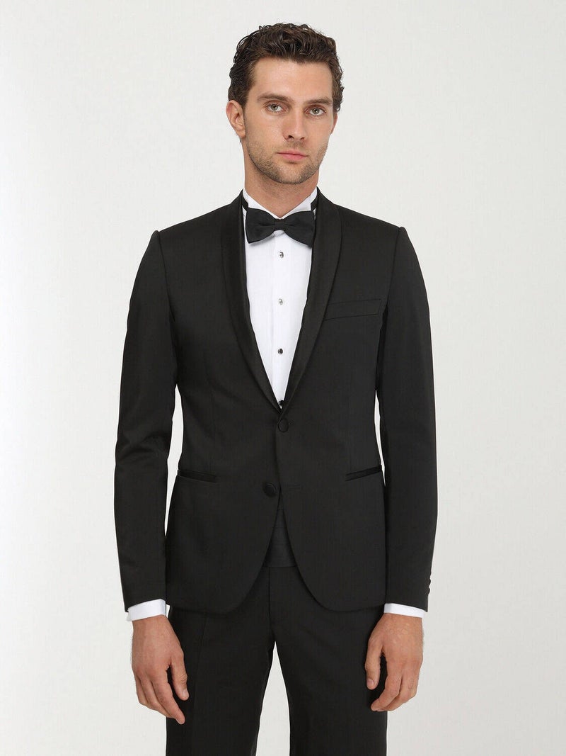 Black Patterned Slim Fit Shawl Collar Woven Tuxedo Suit