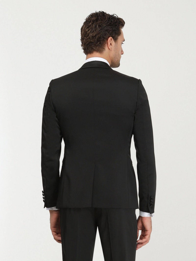 Black Patterned Slim Fit Shawl Collar Woven Tuxedo Suit