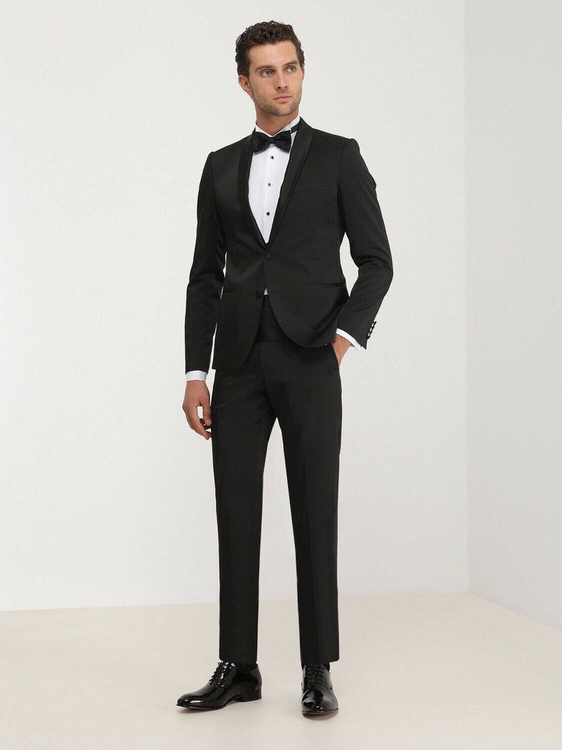 Black Patterned Slim Fit Shawl Collar Woven Tuxedo Suit