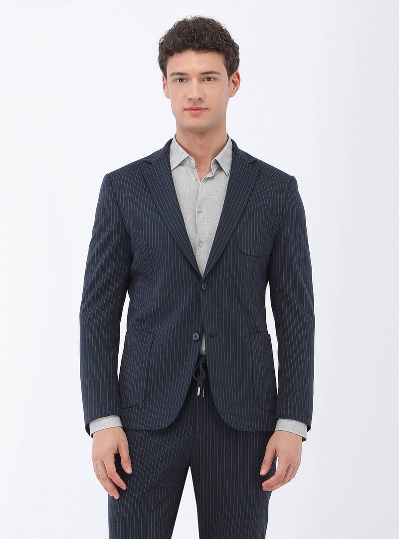 Navy Blue Striped Modern Fit Knitted Suit