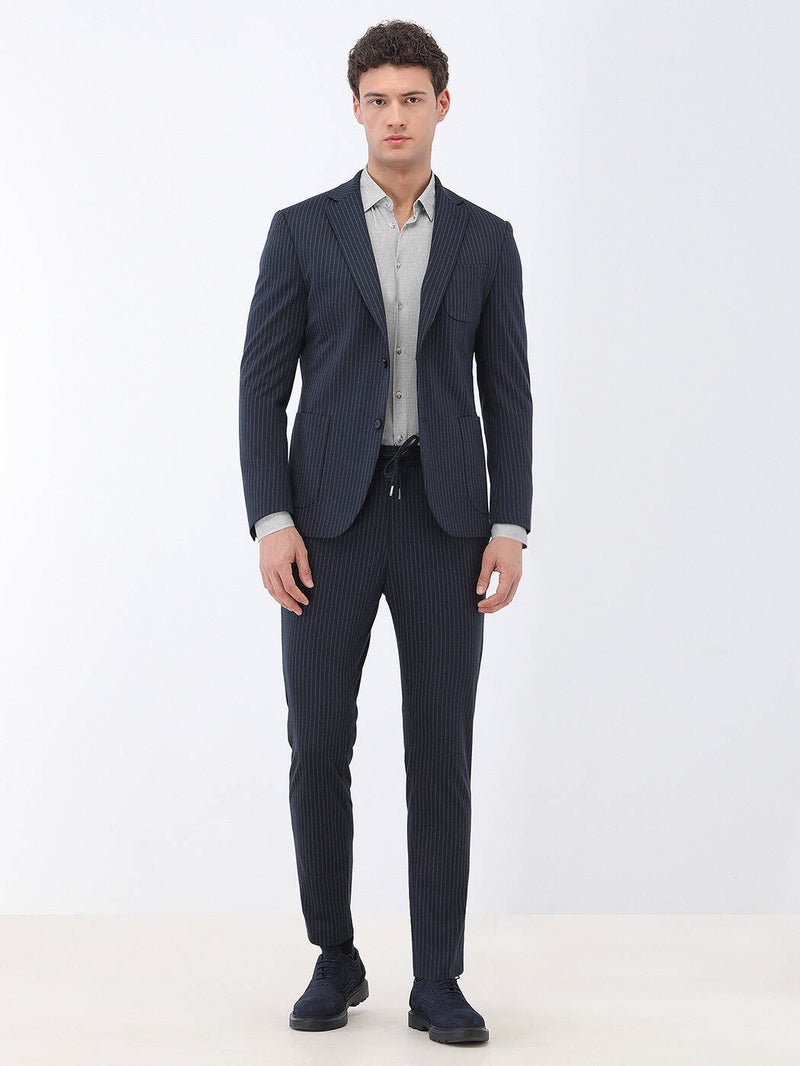 Navy Blue Striped Modern Fit Knitted Suit