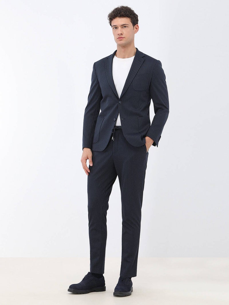 Navy Blue Striped Modern Fit Knitted Suit