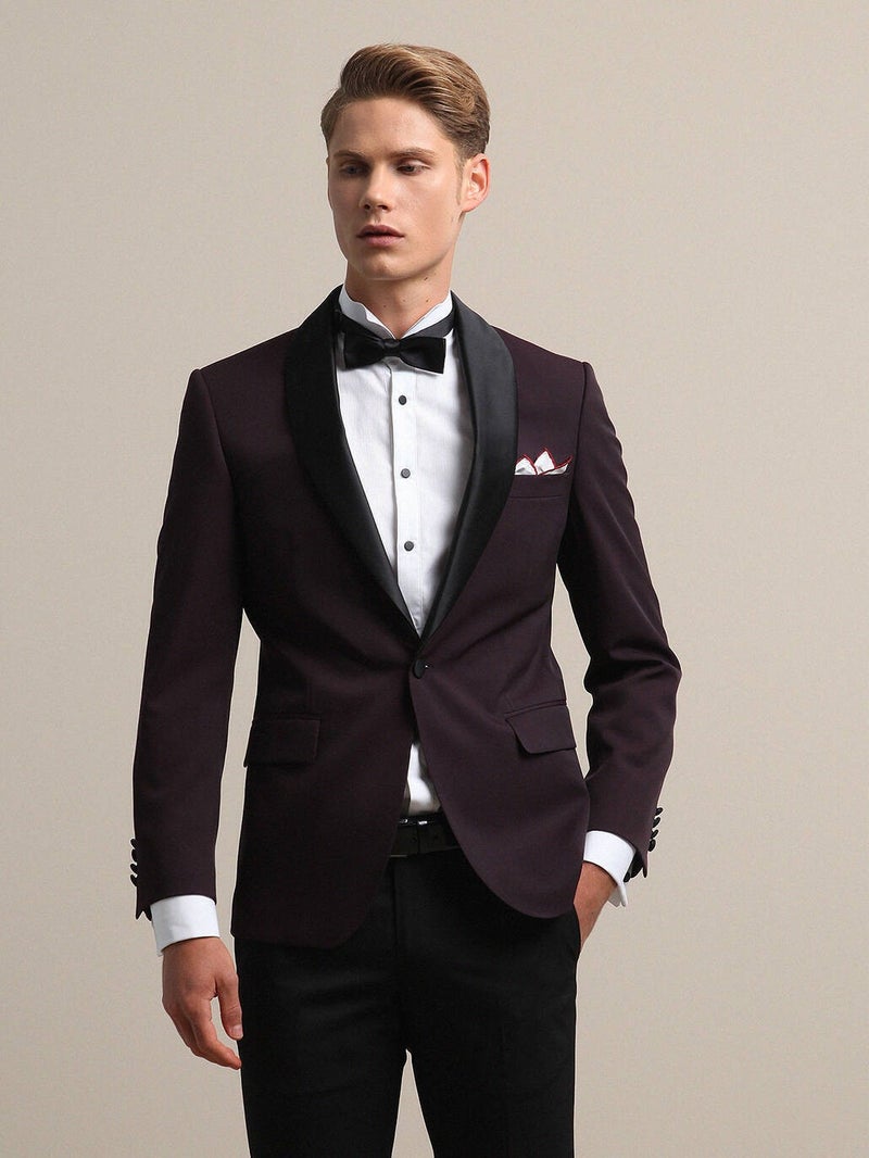 Claret Red Slim Fit Removable Shawl Collar Woven Tuxedo Suit