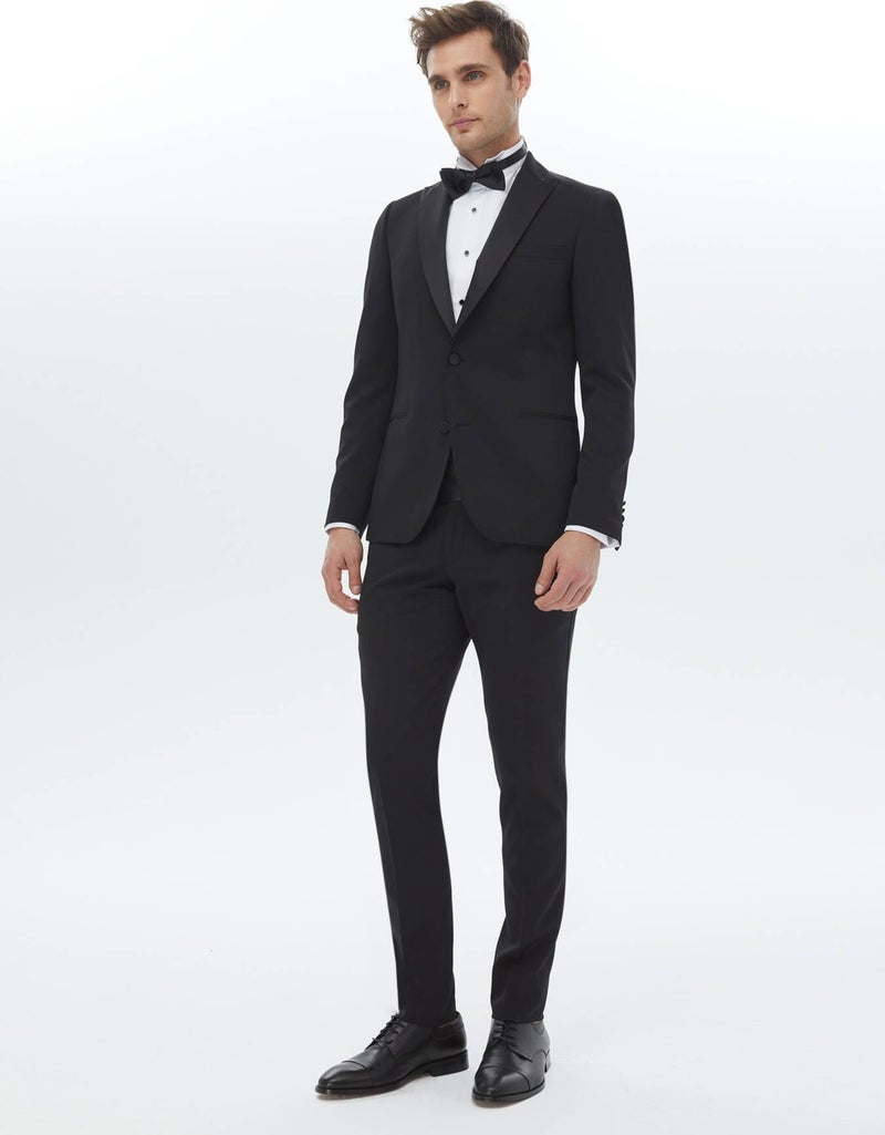 Black Plain Slim Fit Removable Double Breasted Lapel Woven Tuxedo Suit