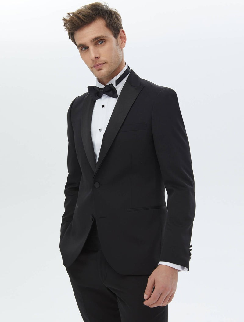 Black Plain Slim Fit Removable Double Breasted Lapel Woven Tuxedo Suit