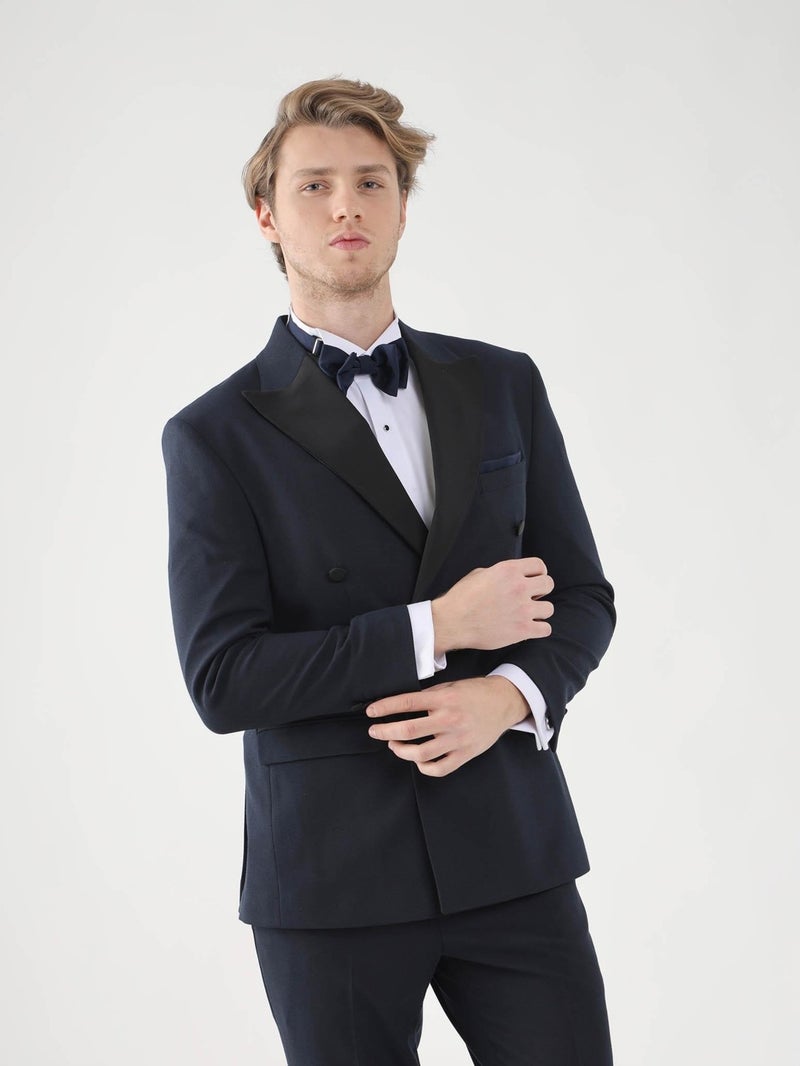 Navy Blue Men's Slim Fit Pointed Collar Tuxedo Suit