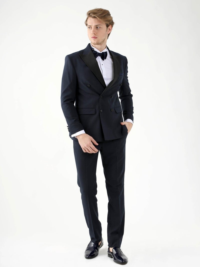 Navy Blue Men's Slim Fit Pointed Collar Tuxedo Suit