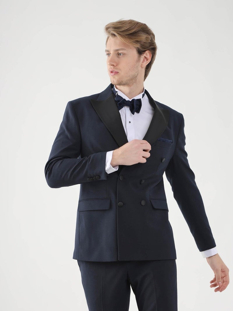 Navy Blue Men's Slim Fit Pointed Collar Tuxedo Suit