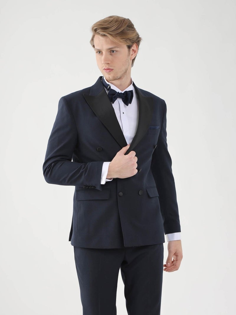 Navy Blue Men's Slim Fit Pointed Collar Tuxedo Suit