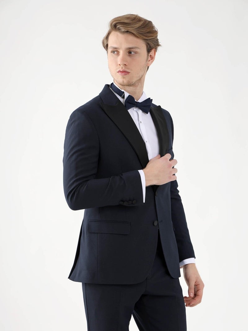 Navy Blue Men's Slim Fit Pointed Collar Tuxedo Suit