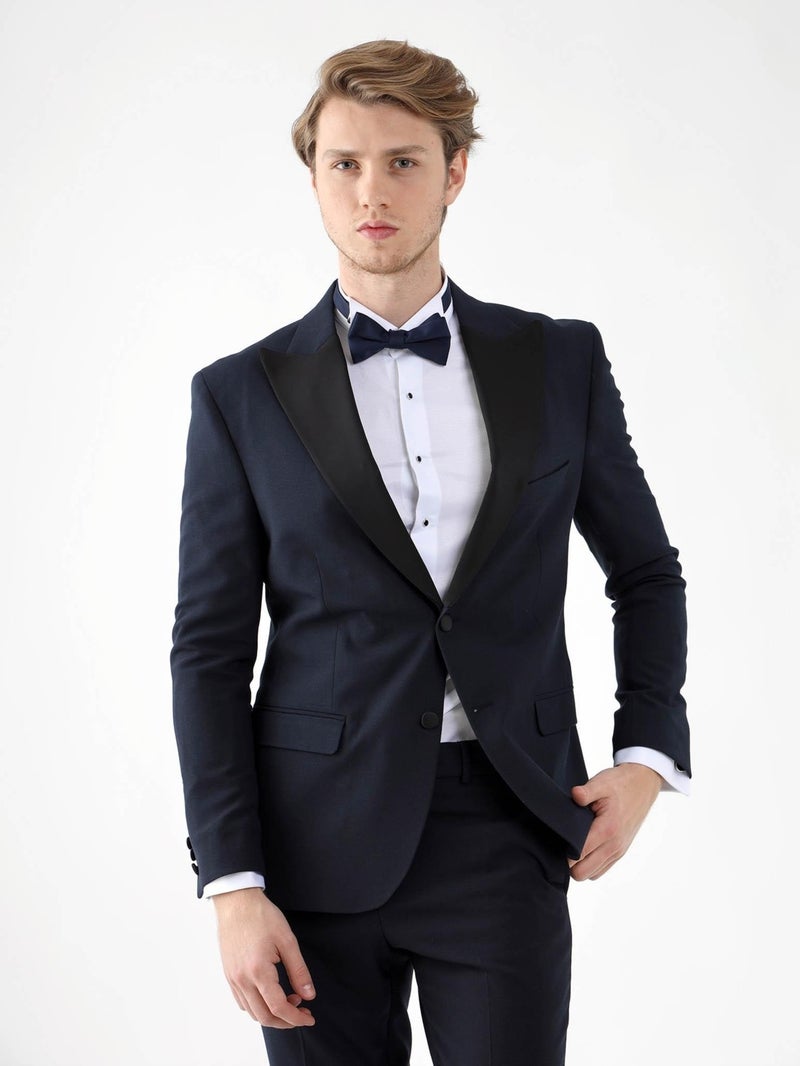 Navy Blue Men's Slim Fit Pointed Collar Tuxedo Suit