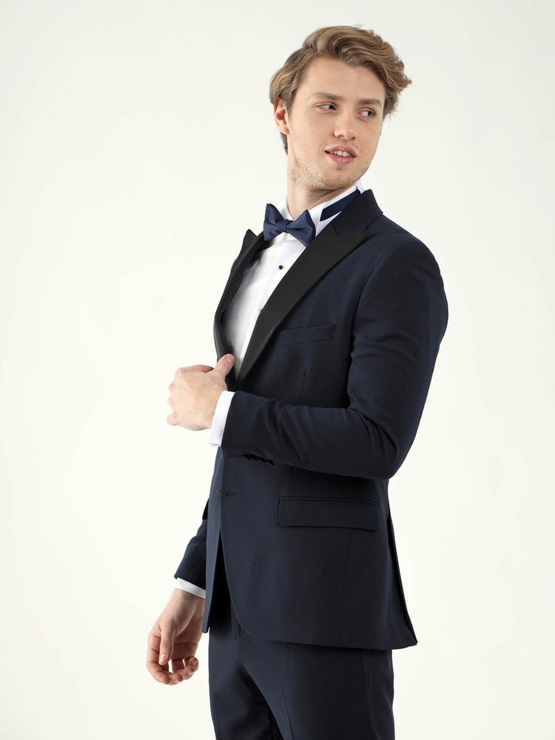 Navy Blue Men's Slim Fit Pointed Collar Tuxedo Suit