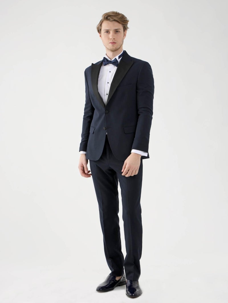 Navy Blue Men's Slim Fit Pointed Collar Tuxedo Suit