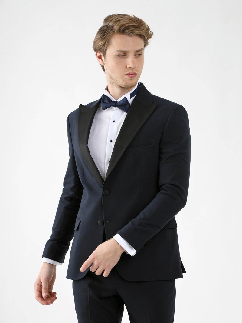 Navy Blue Men's Slim Fit Pointed Collar Tuxedo Suit