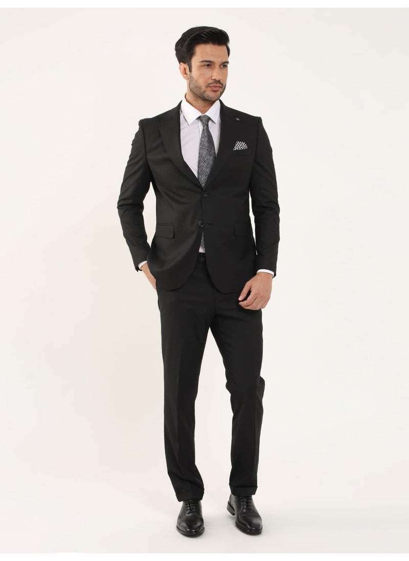 Black Men's Regular Fit Plain Mono Collar Suit - 106904