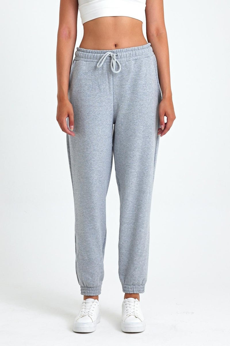 Women's Grey Cotton Thick Leg Elastic High Waist Casual Jogger Sweatpants