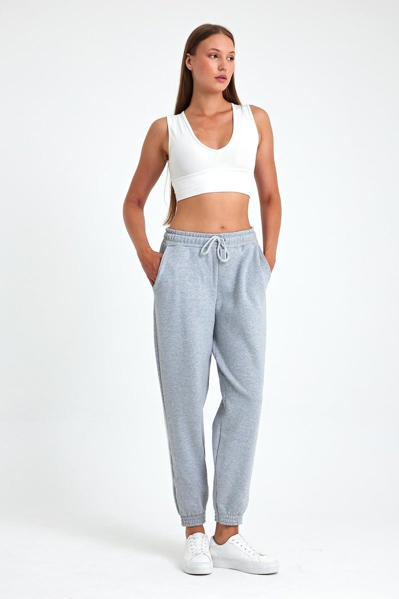 Women's Grey Cotton Thick Leg Elastic High Waist Casual Jogger Sweatpants