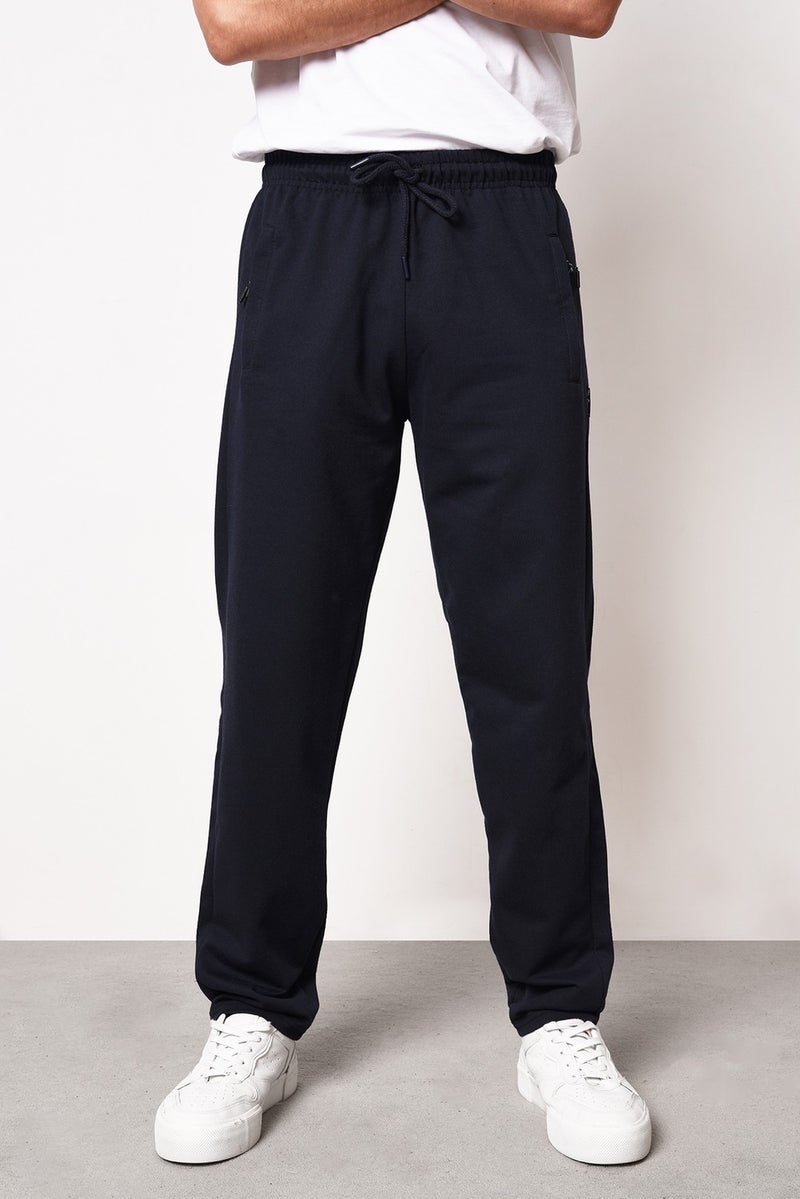 Navy Blue Men's Straight Leg Pocket Zipper Detailed Comfortable Cut Sweatpants