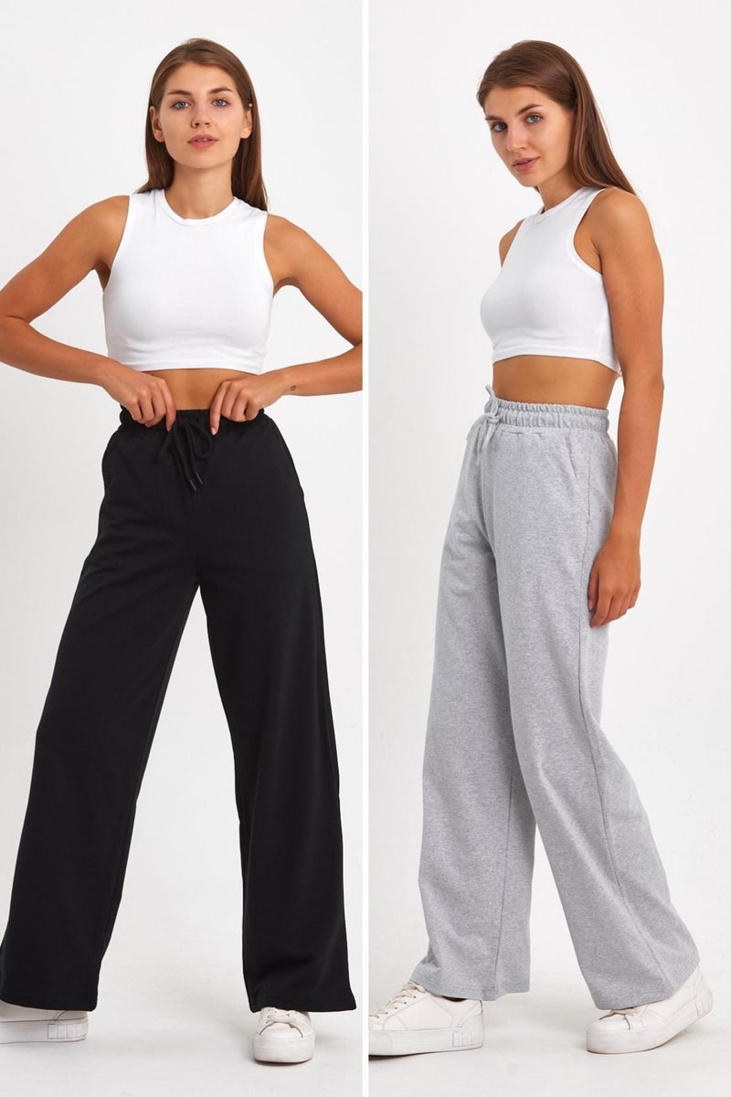 Black-Grey Women's Seasonal Loose Wide Comfortable Leg 2-Piece Sweatpants with Side Pockets