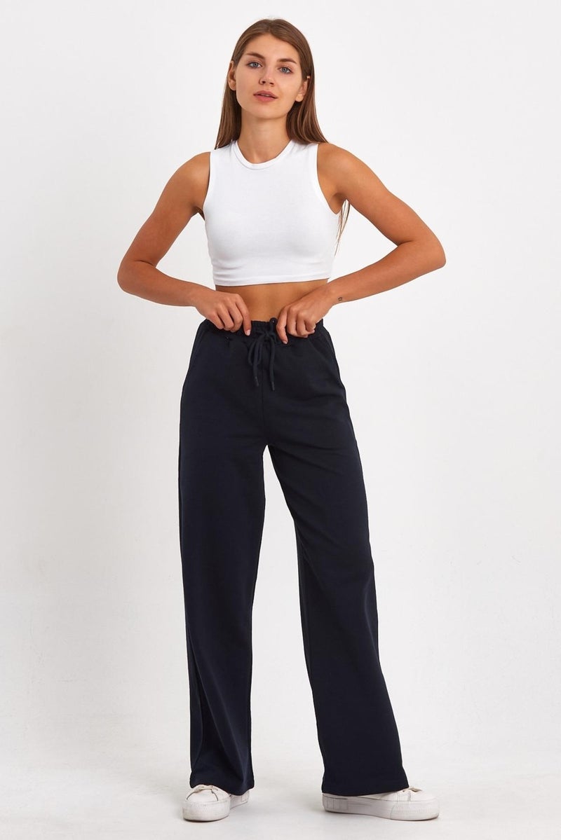 Black-Navy Blue Women's Seasonal Loose Wide Comfortable Leg 2-Piece Sweatpants with Side Pockets