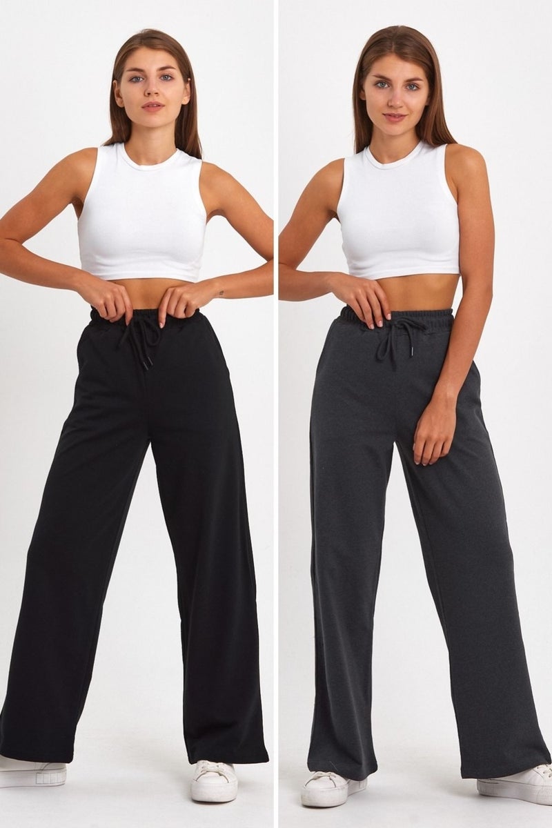 Black-Anthracite Women's Seasonal Loose Wide Comfortable Leg 2-Piece Sweatpants with Side Pockets