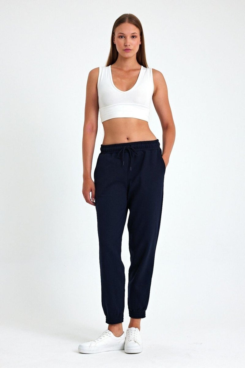 Women's Navy Blue Cotton Thick Leg Elastic High Waist Comfortable Jogger Sweatpants