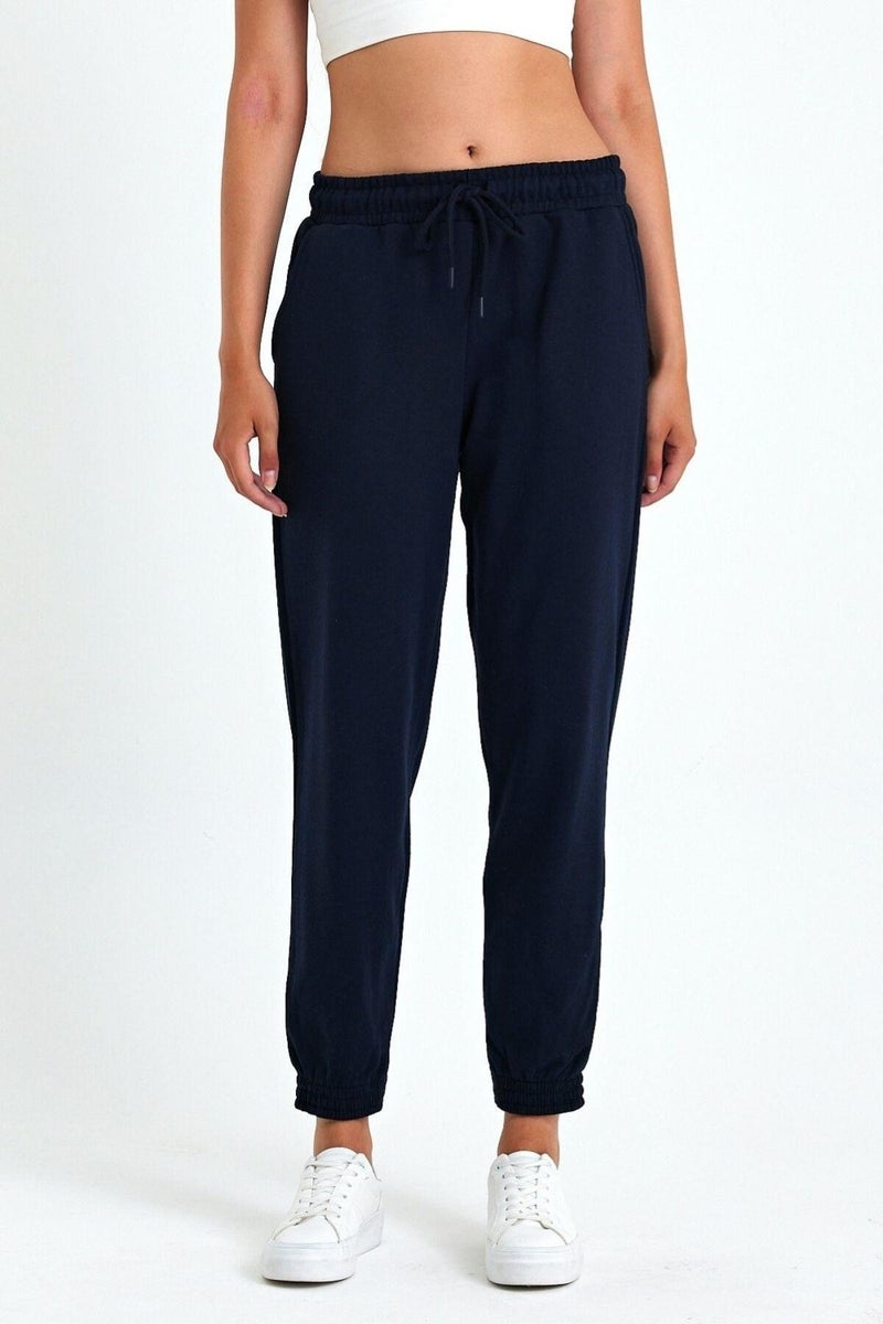 Women's Navy Blue Cotton Thick Leg Elastic High Waist Comfortable Jogger Sweatpants
