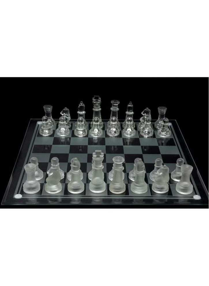 Glass Chess Set Frosted and Clear Pieces and Glass Resin Board Easy to Play Classic Strategy Game and Elegant Design