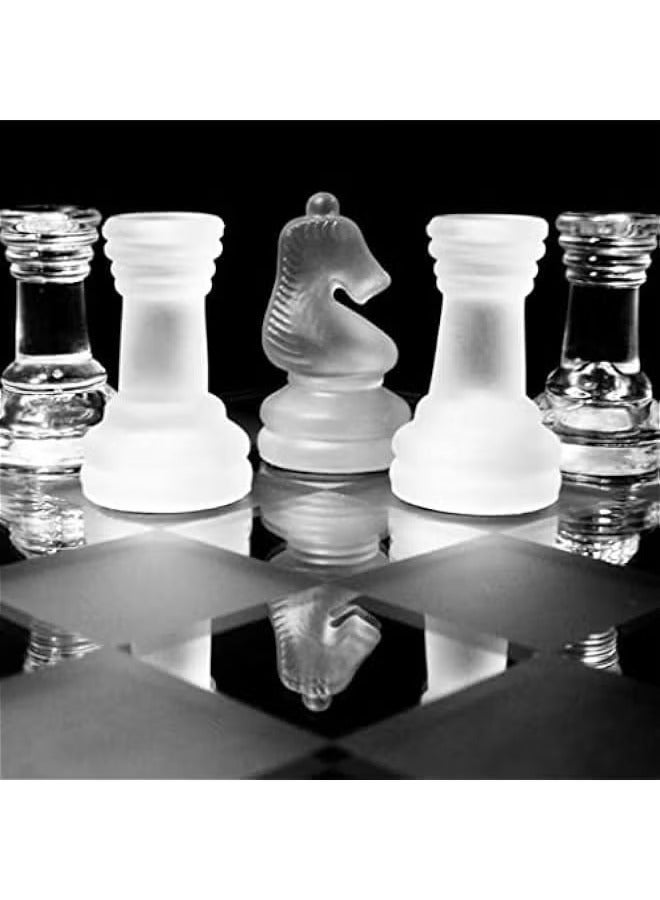 Glass Chess Set Frosted and Clear Pieces and Glass Resin Board Easy to Play Classic Strategy Game and Elegant Design