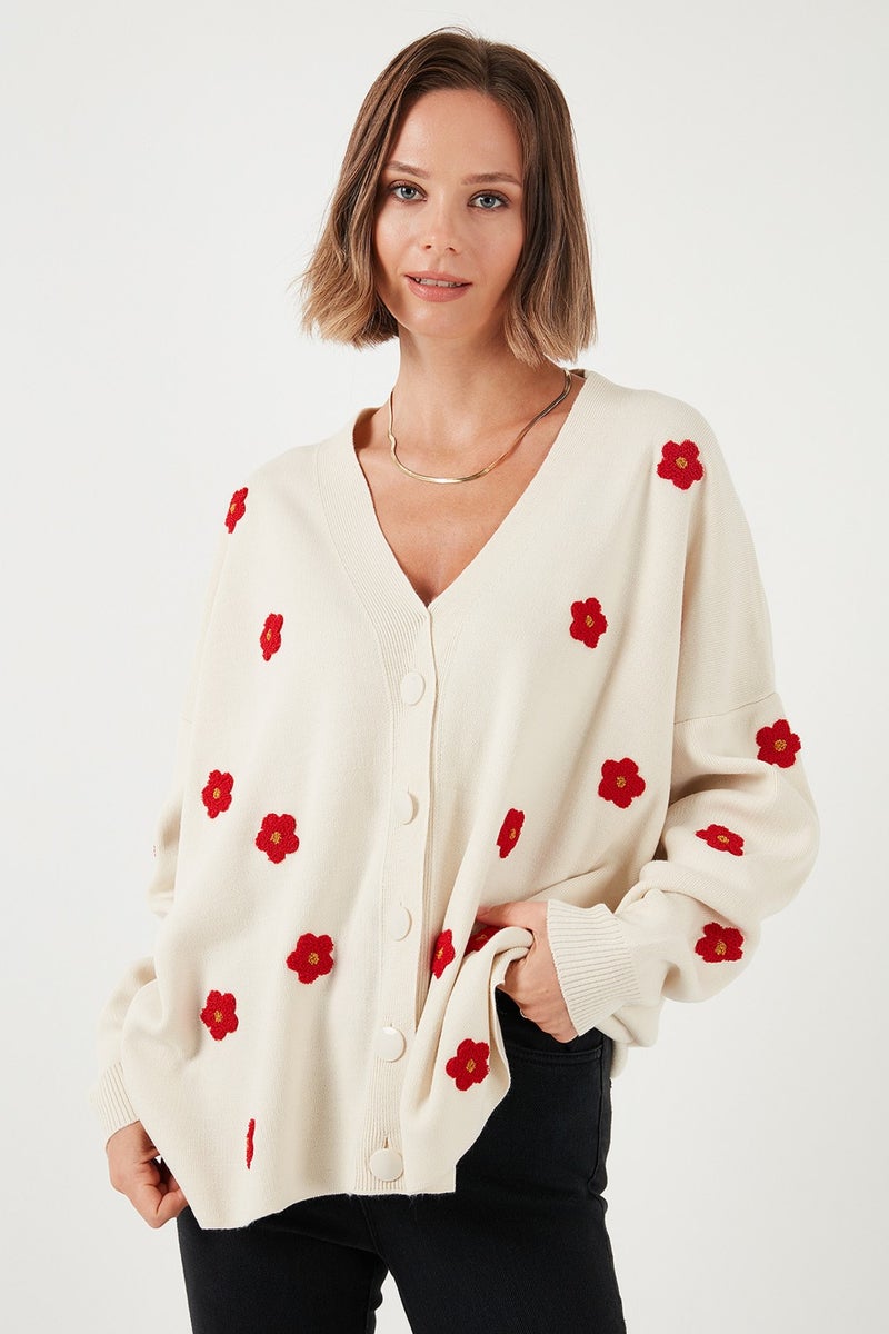 Oversize Fit Floral Buttoned V Neck Soft Acrylic Women's Cardigan 4616192