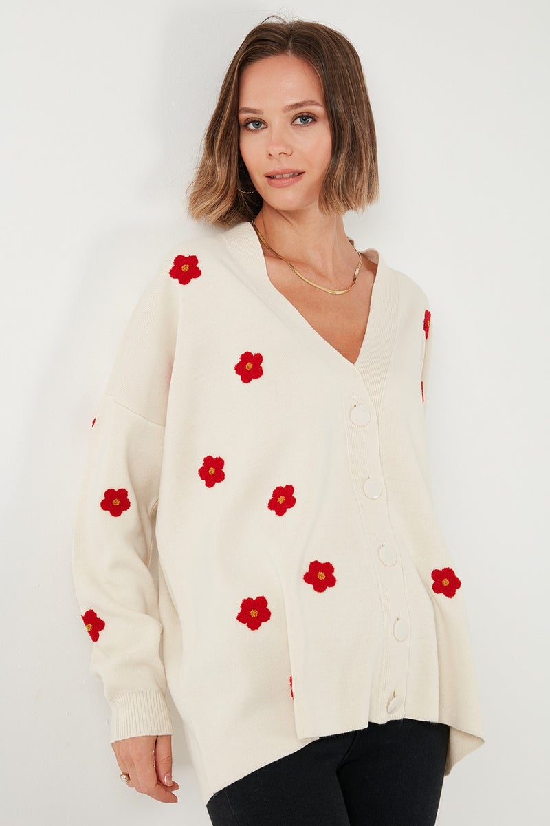 Oversize Fit Floral Buttoned V Neck Soft Acrylic Women's Cardigan 4616192