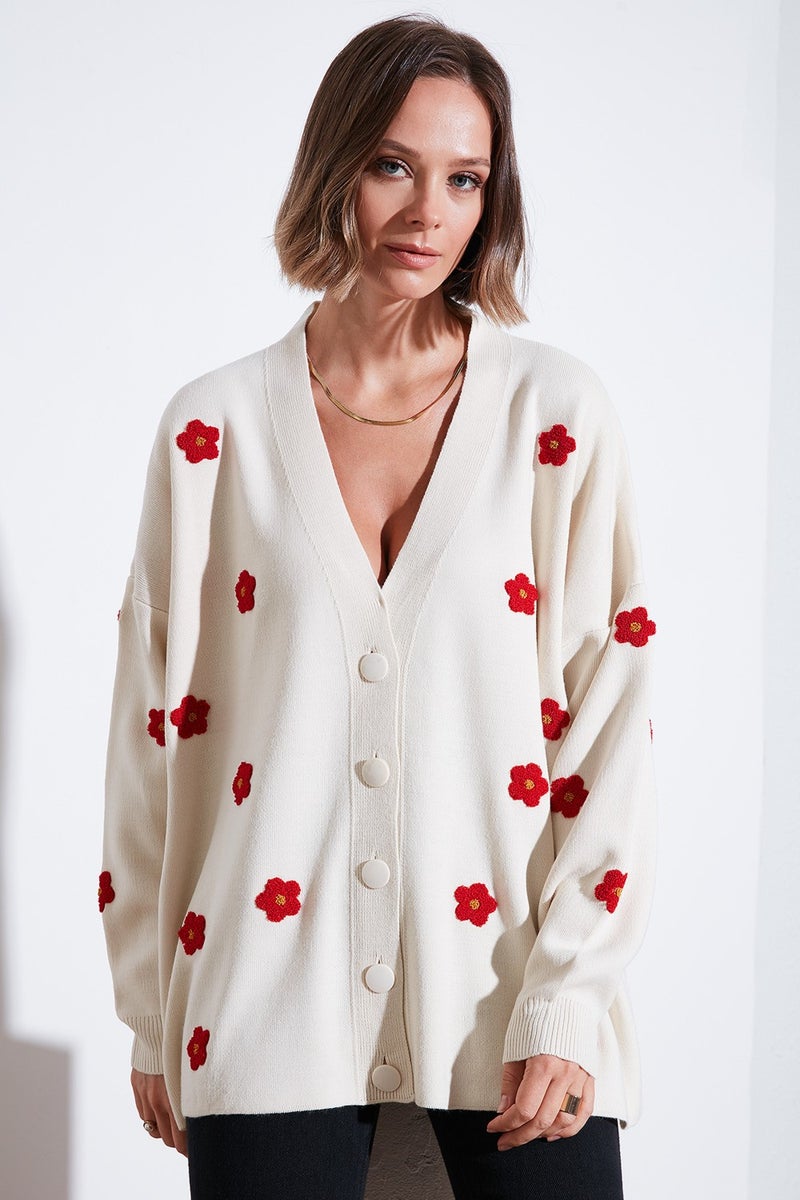 Oversize Fit Floral Buttoned V Neck Soft Acrylic Women's Cardigan 4616192