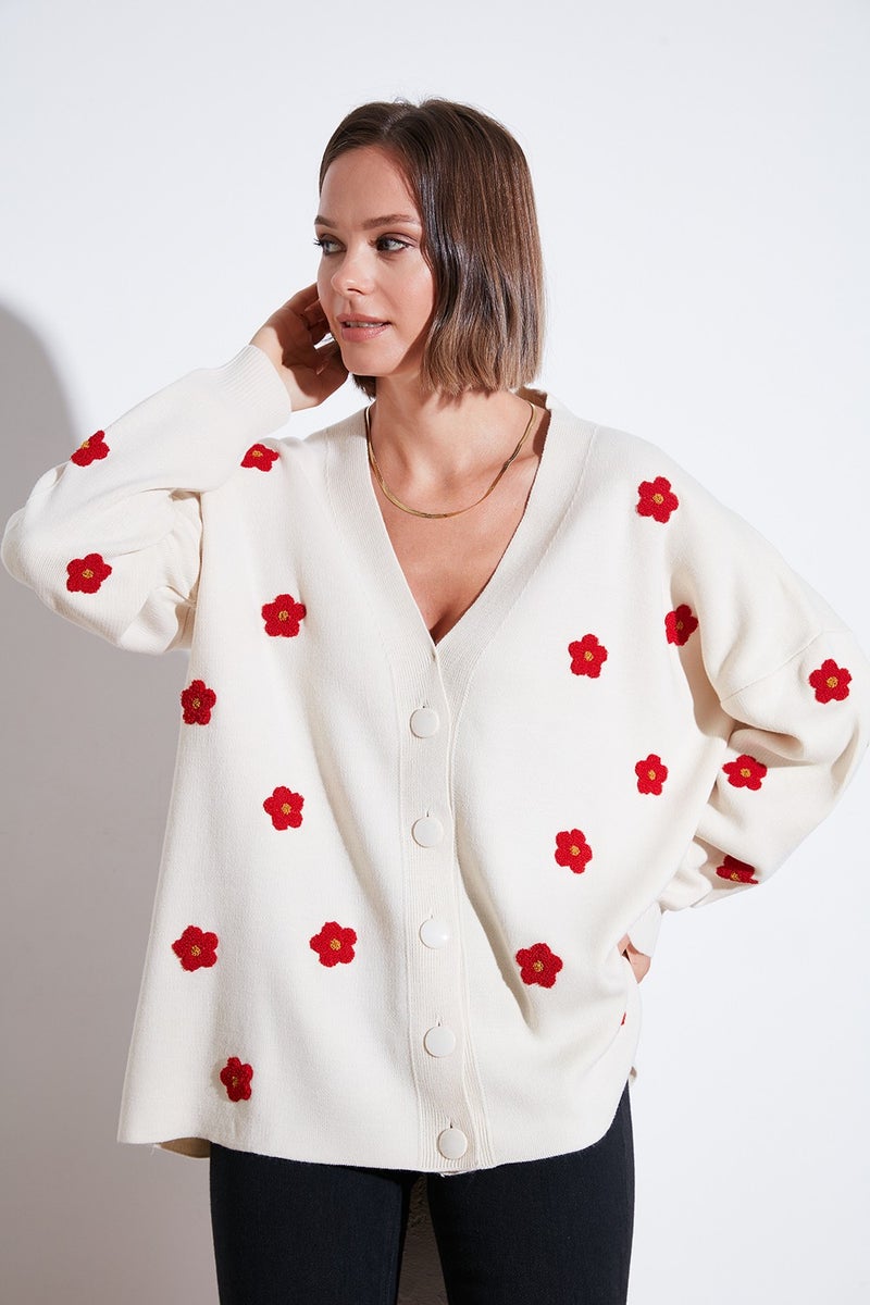 Oversize Fit Floral Buttoned V Neck Soft Acrylic Women's Cardigan 4616192