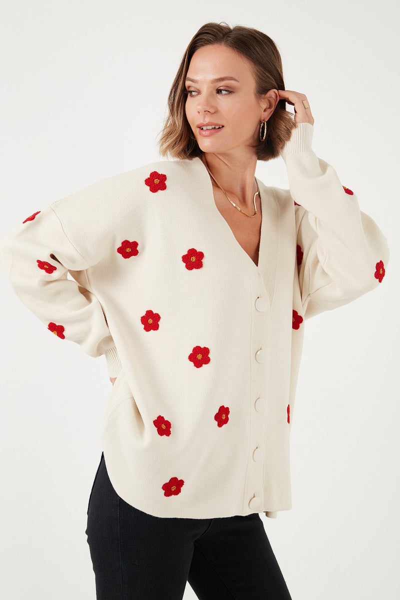 Oversize Fit Floral Buttoned V Neck Soft Acrylic Women's Cardigan 4616192