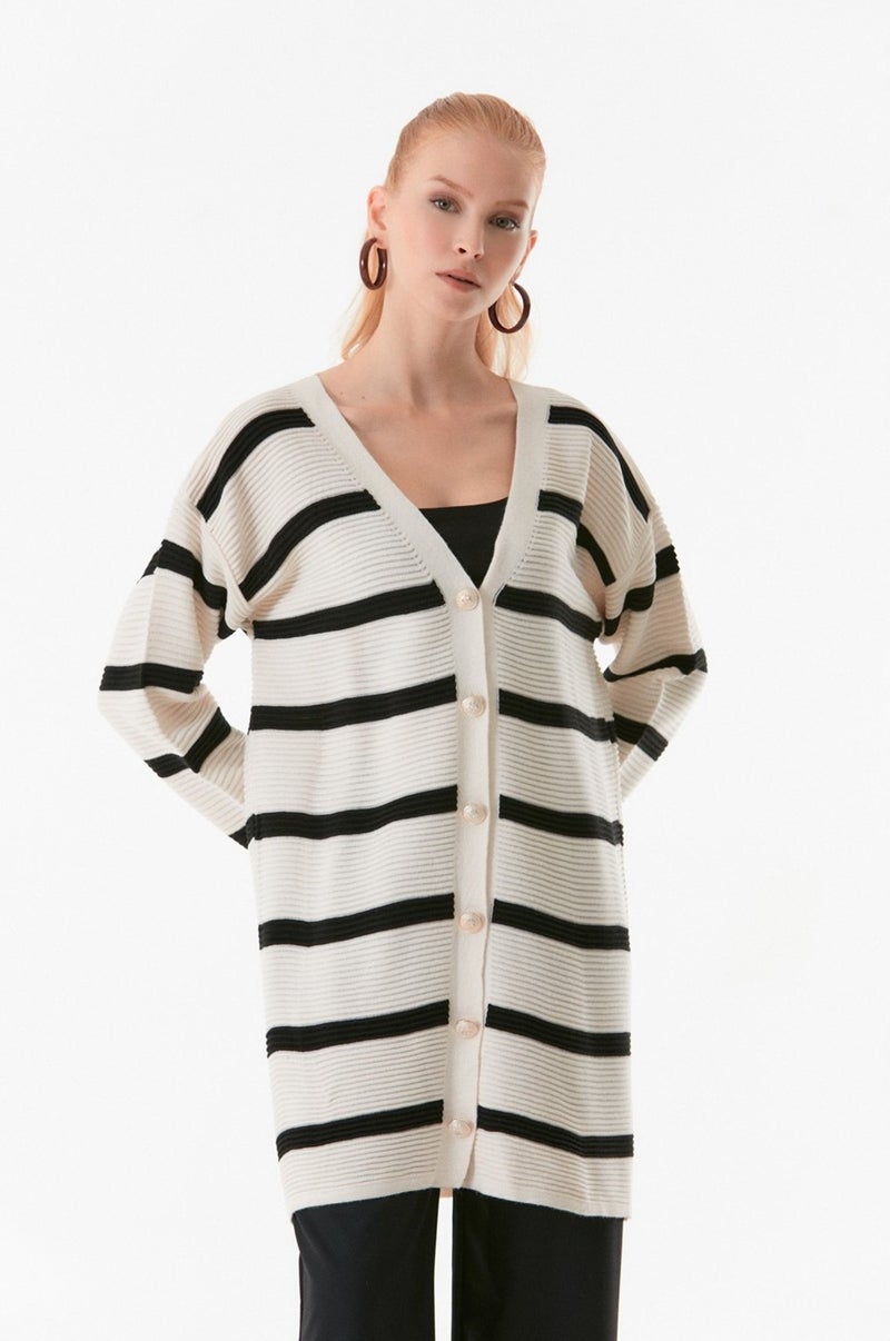 Striped Buttoned Knitted Cardigan