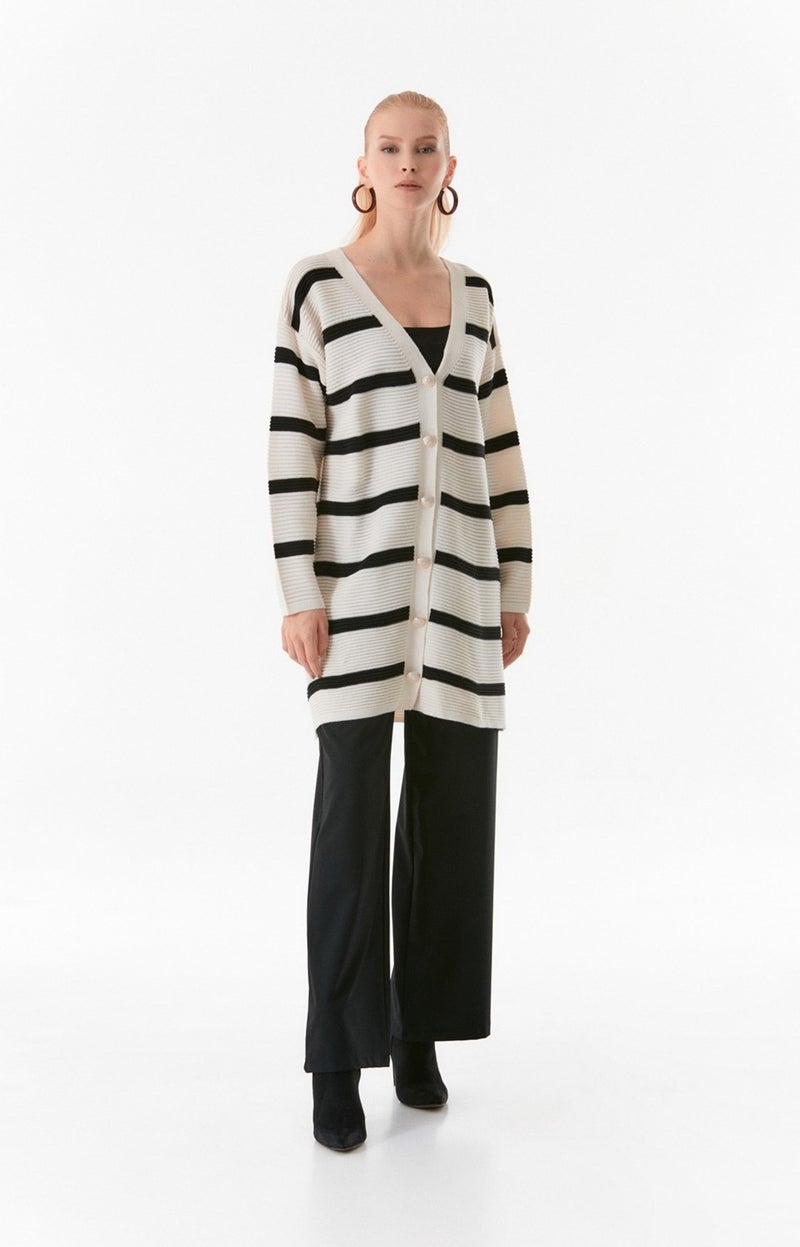 Striped Buttoned Knitted Cardigan