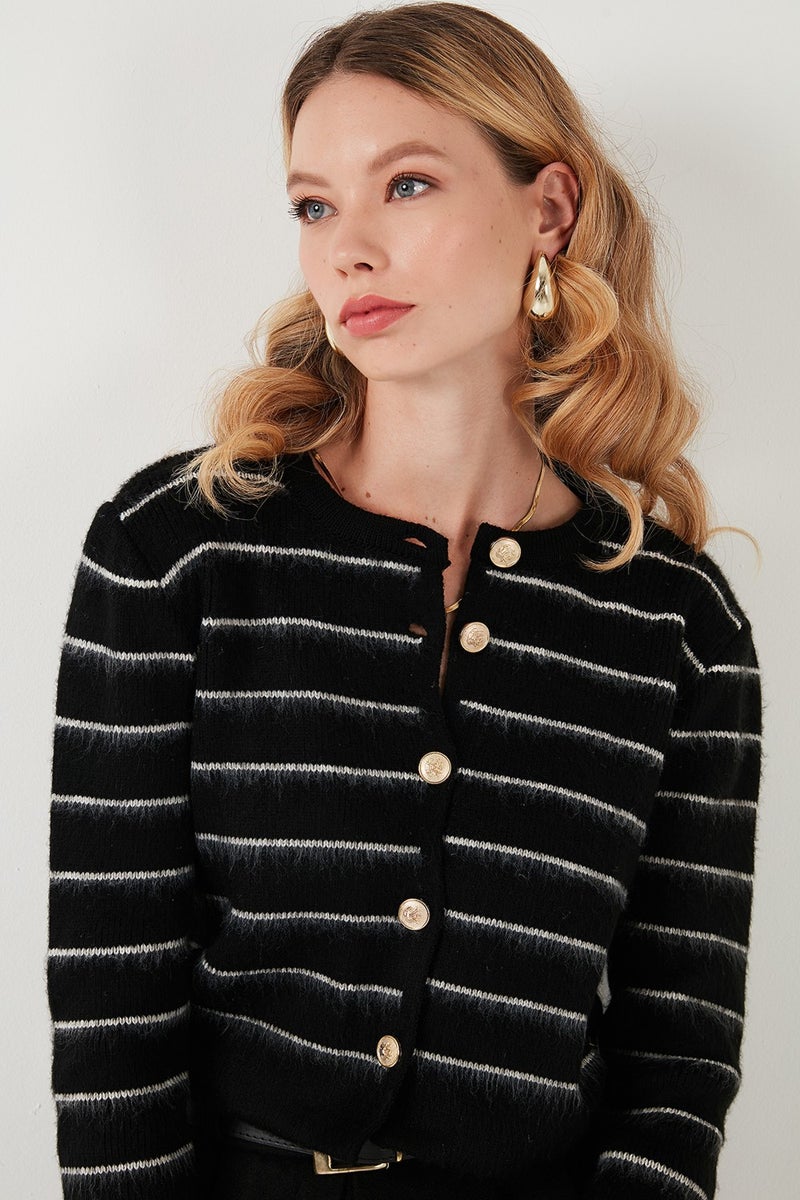 Standard Fit Striped Soft Texture Crop Knitwear Cardigan Women's Cardigan 4615551