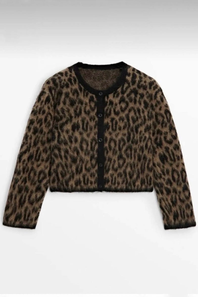 Women's Brown Leopard Patterned Furry Cardigan