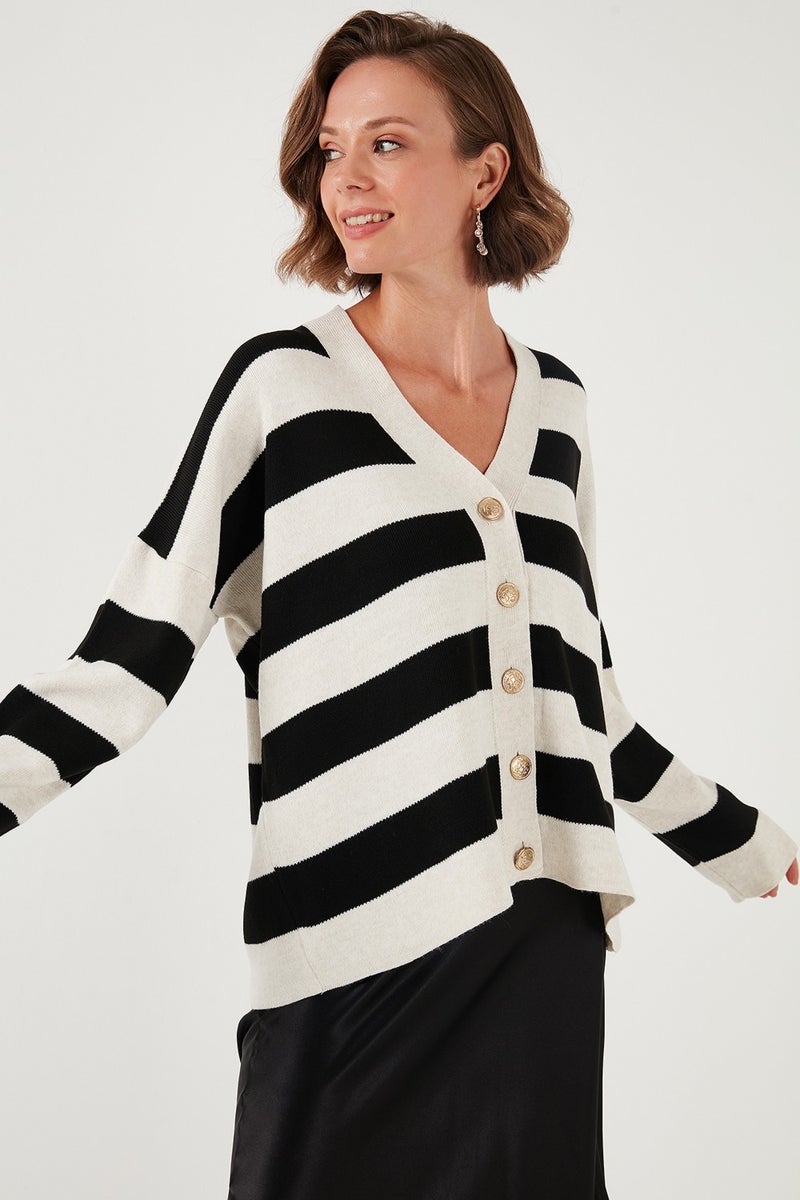 Regular Fit Striped V Neck Buttoned Soft Acrylic Women's Cardigan 4615188