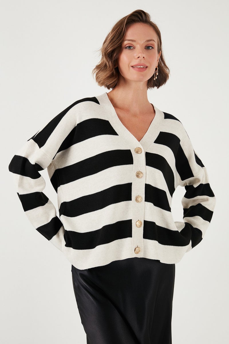 Regular Fit Striped V Neck Buttoned Soft Acrylic Women's Cardigan 4615188