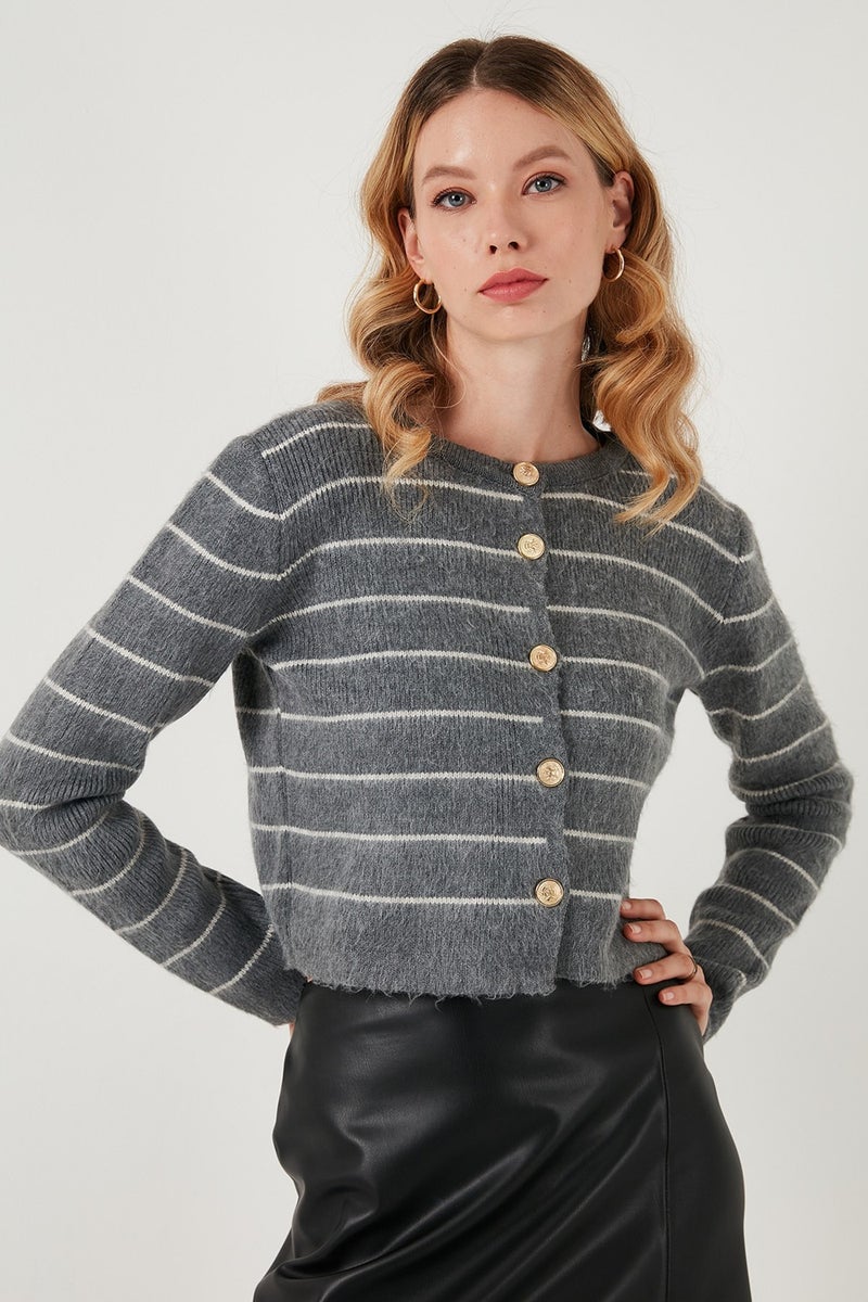 Standard Fit Striped Soft Texture Crop Knitwear Cardigan Women's Cardigan 4615551