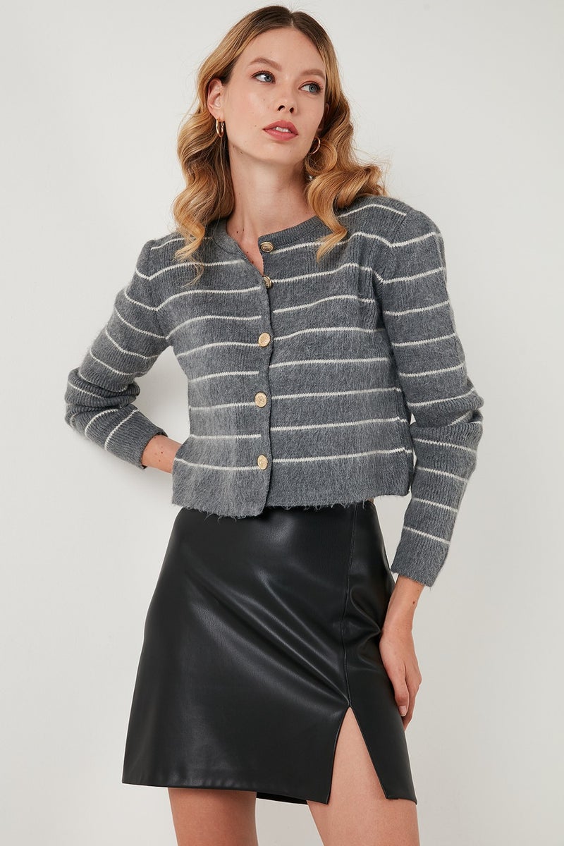 Standard Fit Striped Soft Texture Crop Knitwear Cardigan Women's Cardigan 4615551