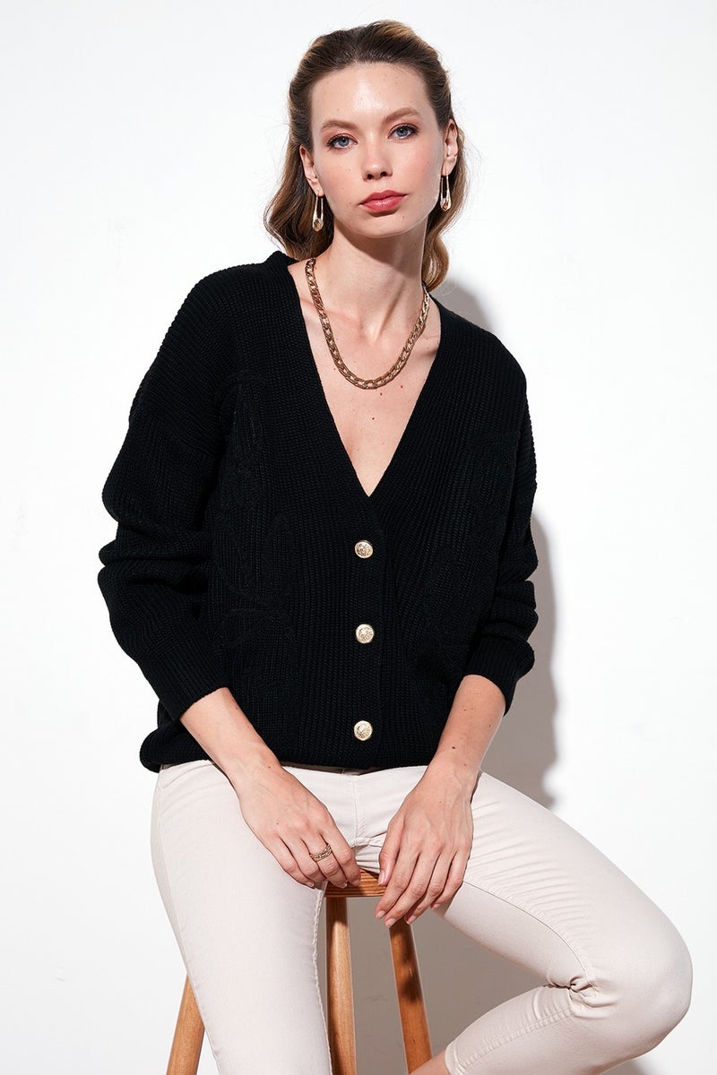 Standard Fit Patterned V Neck Knitted Cardigan Women's Cardigan 4616194