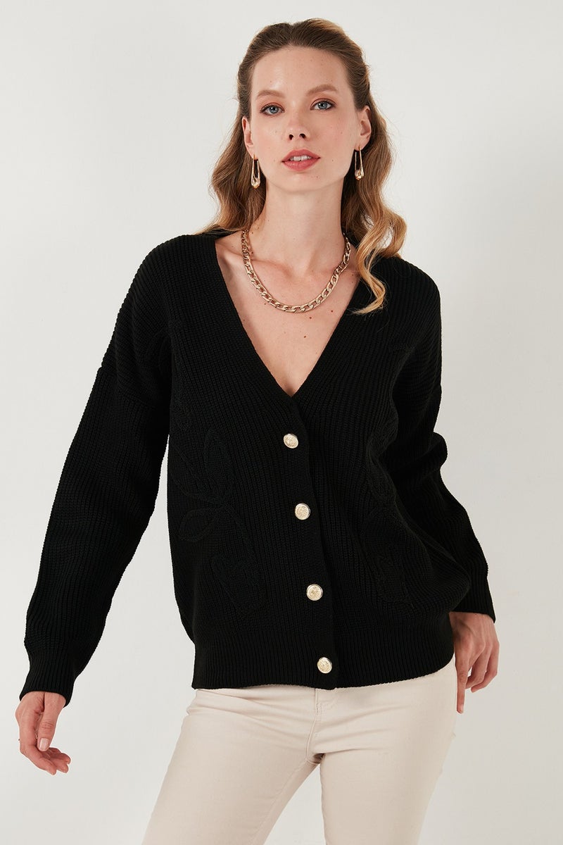 Standard Fit Patterned V Neck Knitted Cardigan Women's Cardigan 4616194